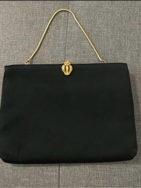 Classic Black Satin Clutch with Gold Chain Handle